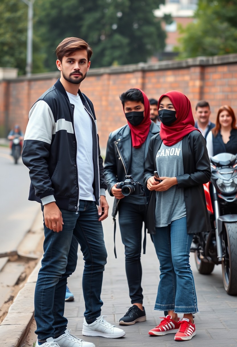 Jamie Dornan and Freddie Prinze, head and body shot, handsome, young, serious face, dark brown hair, white T-shirt, college jacket, skinny jeans, sneakers, standing, discussing with two guys and a short slim Muslim girl in a red hijab, beautiful eyes, black face mask, black leather jacket, grey long T-shirt, bell-bottom jeans, red sneakers, holding a Canon DSLR camera, near a town road, superbike, hyper-realistic, street photography, brick wall, full-body photo, five other random white people smiling in the back. - Image