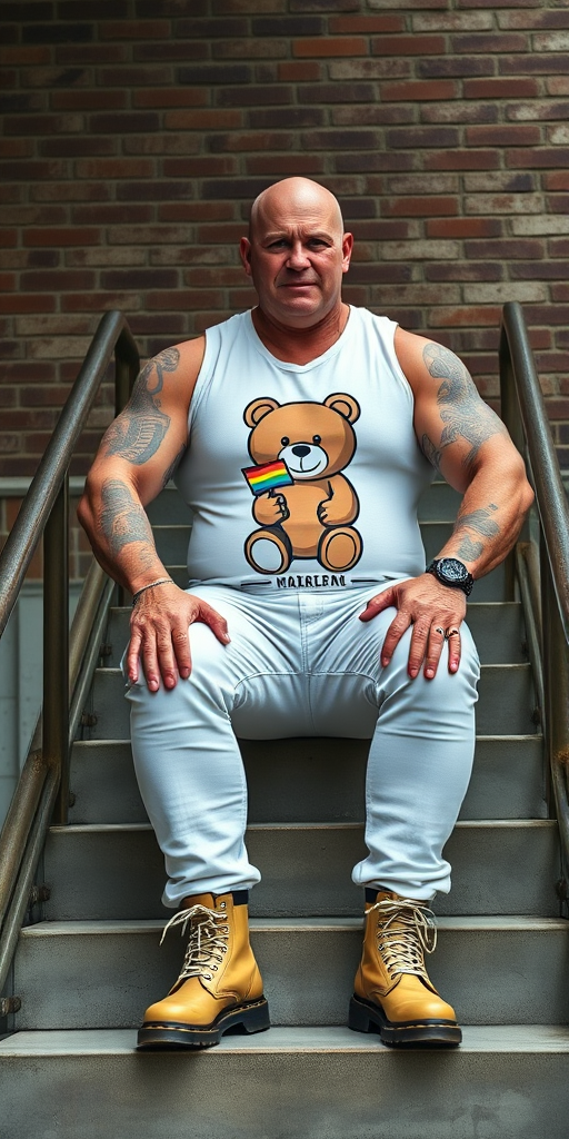 A towering, muscular 60-year-old skinhead sits confidently on concrete stairs, his gleaming bald head contrasting with his light skin. Clad in a striking white graphic t-shirt with a logo of a teddy bear holding a gay flag, tattooed arms flex beneath the sleeveless fabric. Tight bleached denim trousers highlight his powerful legs, complemented by knee-high Dr. Martens boots with white laces. The rugged brick wall and metal handrails create an industrial backdrop, enhancing the imposing presence of this behemoth. - Image