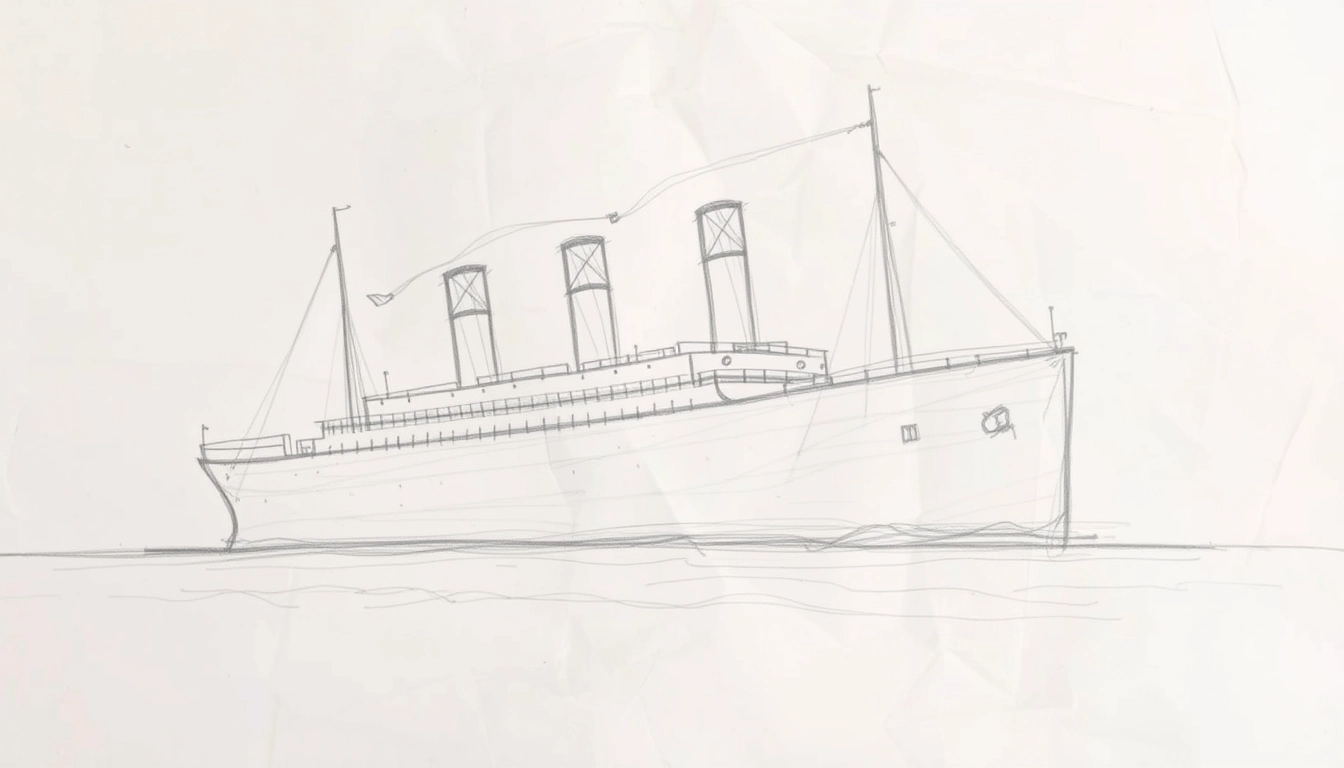 "Titanic, rough pencil sketch, quite coarse and not detailed. The paper of the sketch is crumpled and has many eraser marks on it."