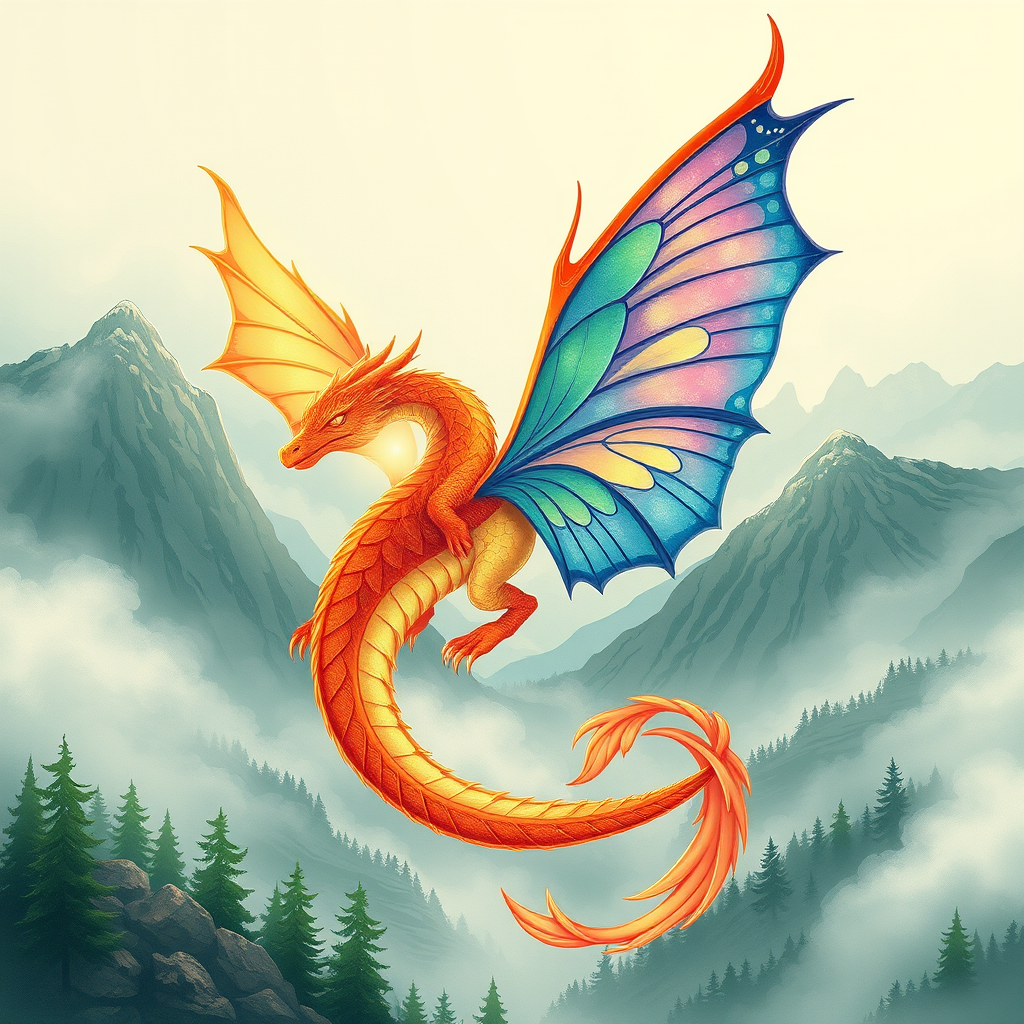 "The fusion of a dragon and a butterfly, soaring between the mountains and forests." - Image