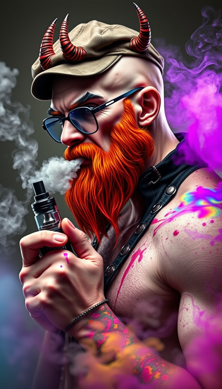 Three-quarter view of a sinister, bald human male with necromancer lich features. Demonic horns, short fiery ginger beard contrasts with dark eyebrows. Wears a weathered flat cap and aviator glasses. Clutches a sleek vape mod, exhaling dense, swirling vapor clouds. Vibrant e-liquid drips off his pale skin, creating a colorful aura. - Image