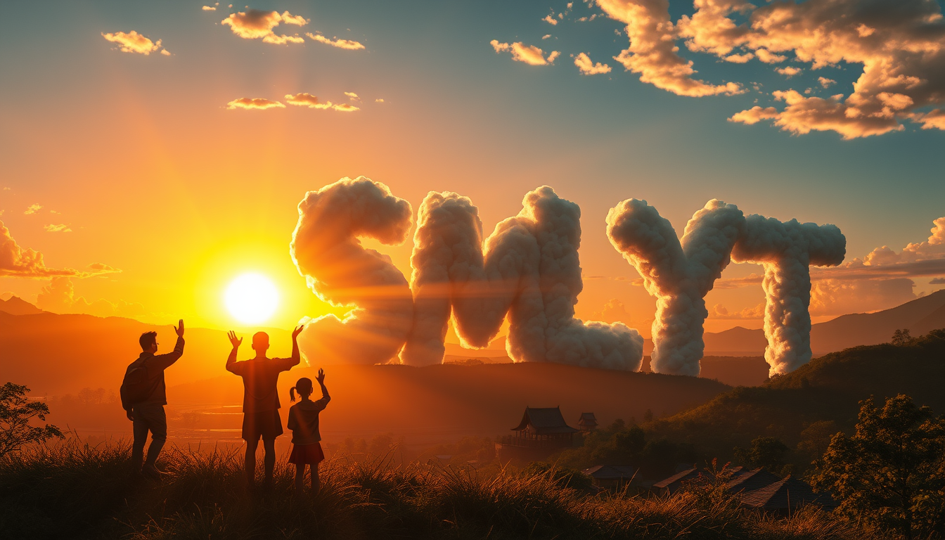 Anime style: Silhouettes group of people stand on a hilltop against the rising sun, overlooking a valley with traditional bamboo huts. Streams of light from their hands spell out "SMLYT" across the sky. The letters are rendered as massive, cloud-like formations with hyper-realistic textures. Sunlight interacts with the letters, creating vivid crepuscular rays that pierce through the characters and illuminate the landscape below.