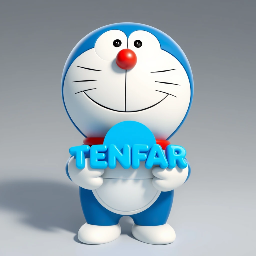 Pixar Style, 8K, this is an avatar, 3D, Doraemon, with full body and a cute smile, holding a 3D logo in his hands, the logo color is sky blue, showing the growing "TENFAR".