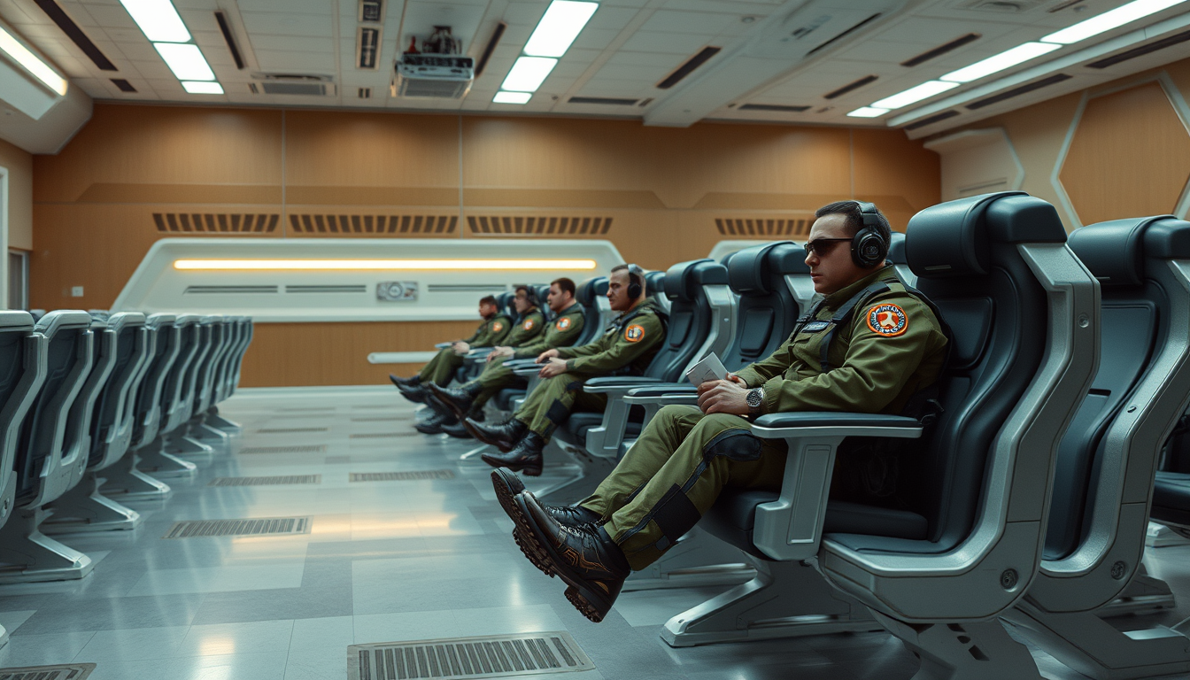 Room with several rows of sci-fi chairs, the people in military uniforms sitting on some chairs.