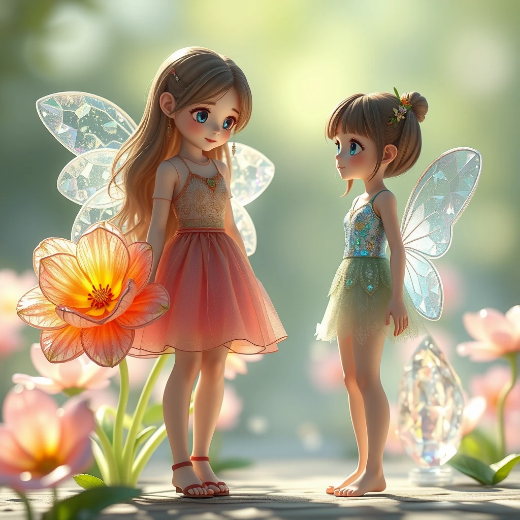 Glass textured flowers, a girl standing next to her wearing a skirt, fairy spirits talking to her, crystal sparkling next to her, Picas style, anime, 3D rendering, natural light, high-definition picture quality, 8K, -- niji 6.