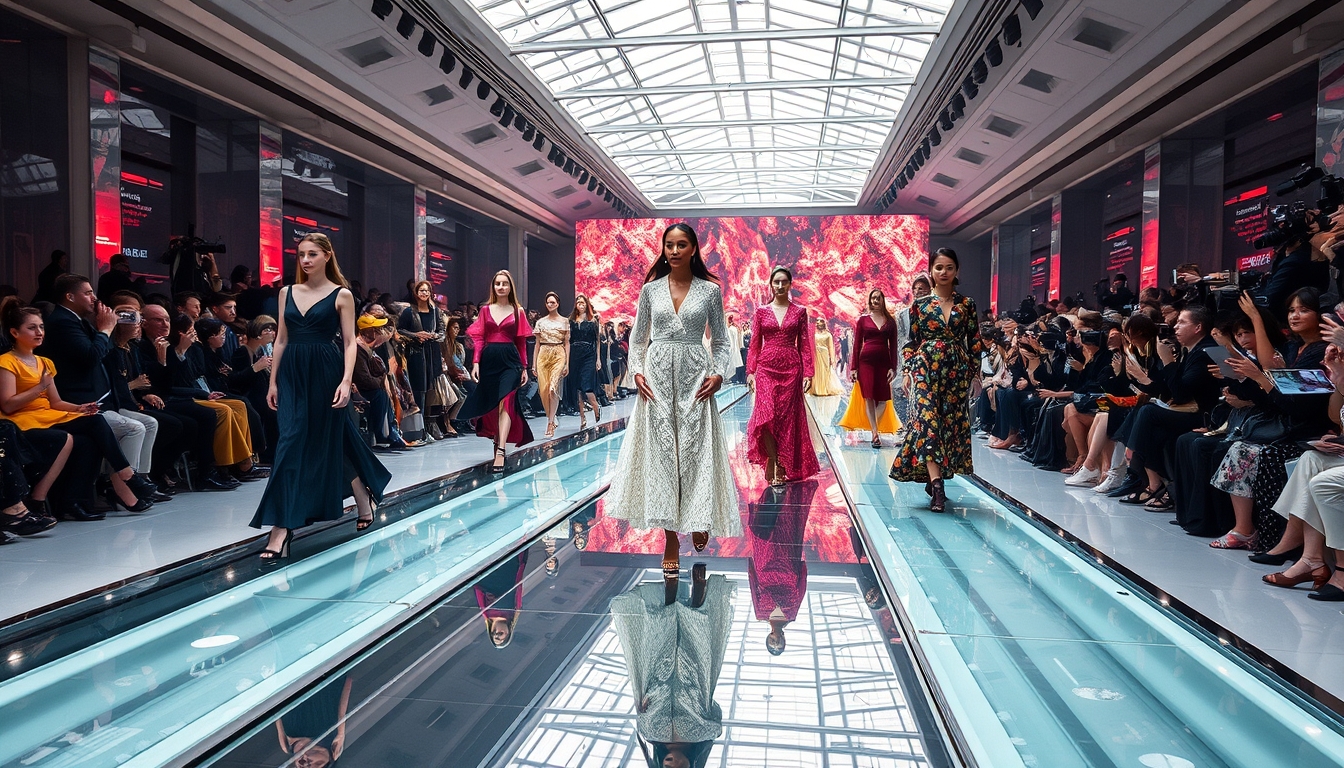 A high-end fashion show with models walking down a glass runway. - Image