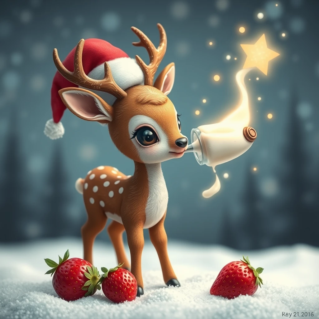 "A cute little baby deer that must drink a million strawberry milks to go to Santa's star, spaceship."