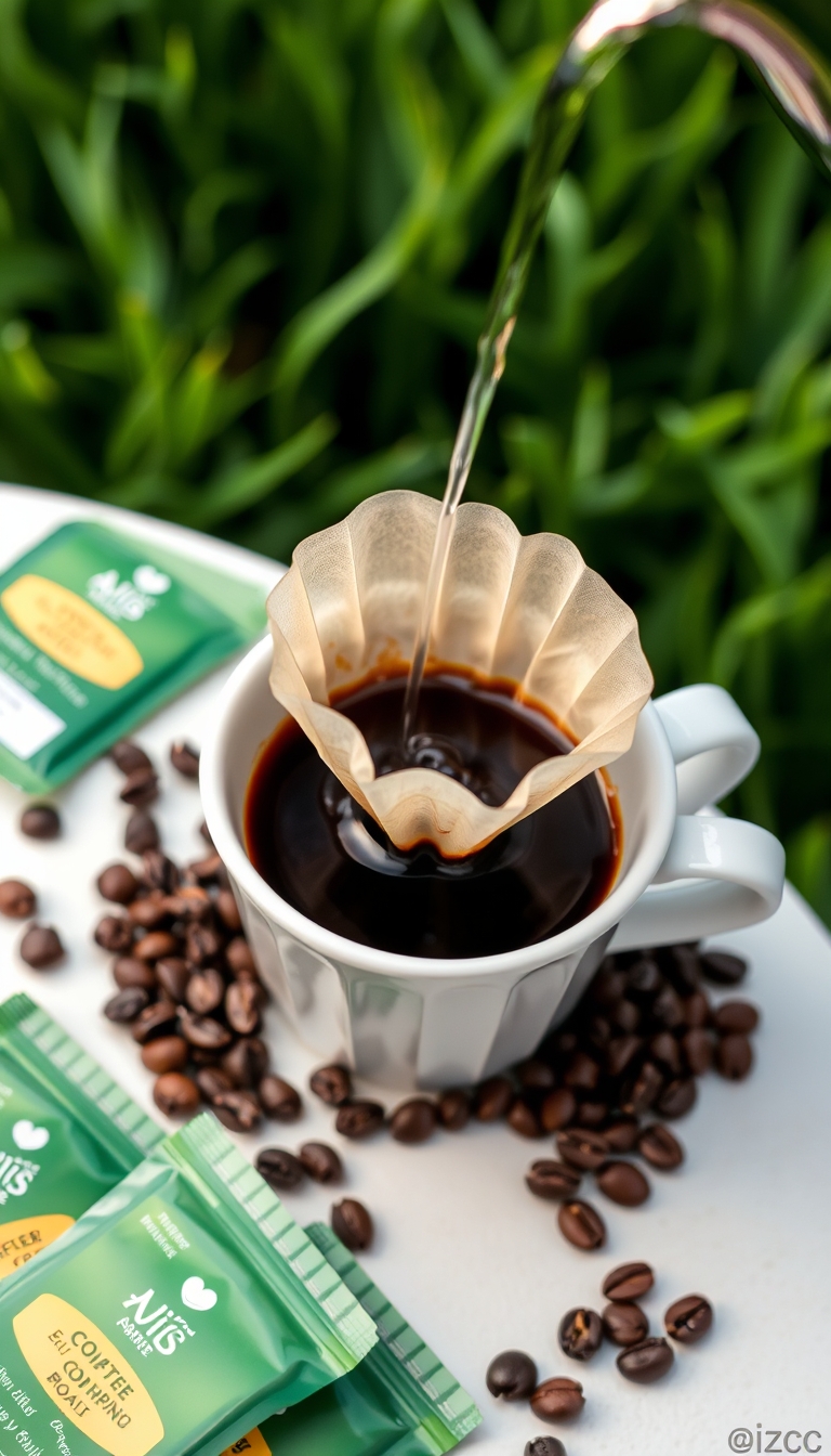 Realistic image of a pour-over coffee in a white cup with a drip filter bag, hot water being poured with steam, coffee beans around, green coffee packets on a table, set against a green field, sharp and highly detailed.