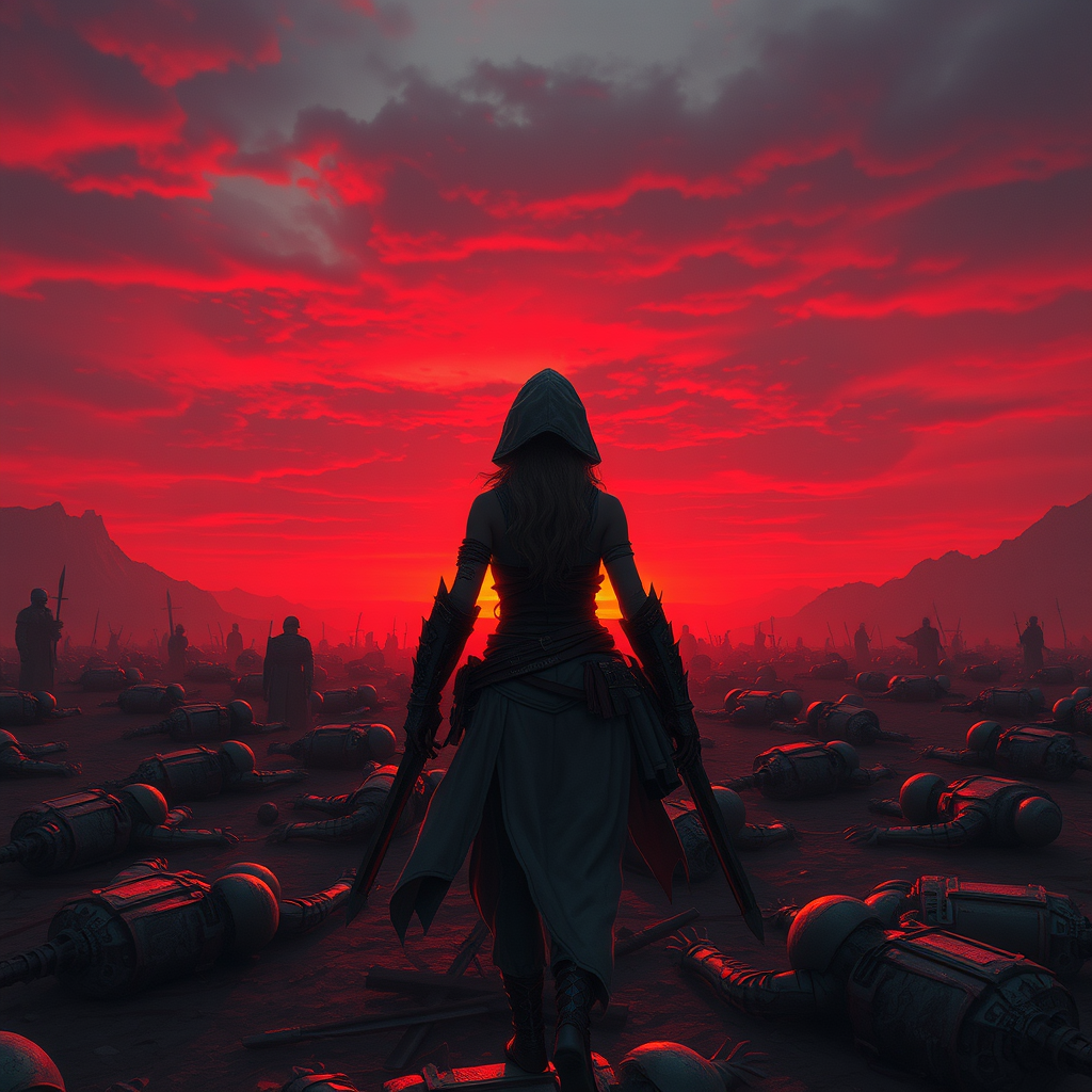 Back view of a female assassin on a battlefield covered by corpses. The sky is colored by a red sunset. - Image