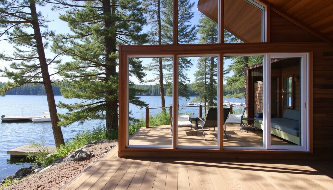 A serene lakeside cabin with a glass front, offering an unobstructed view of the water. - Image