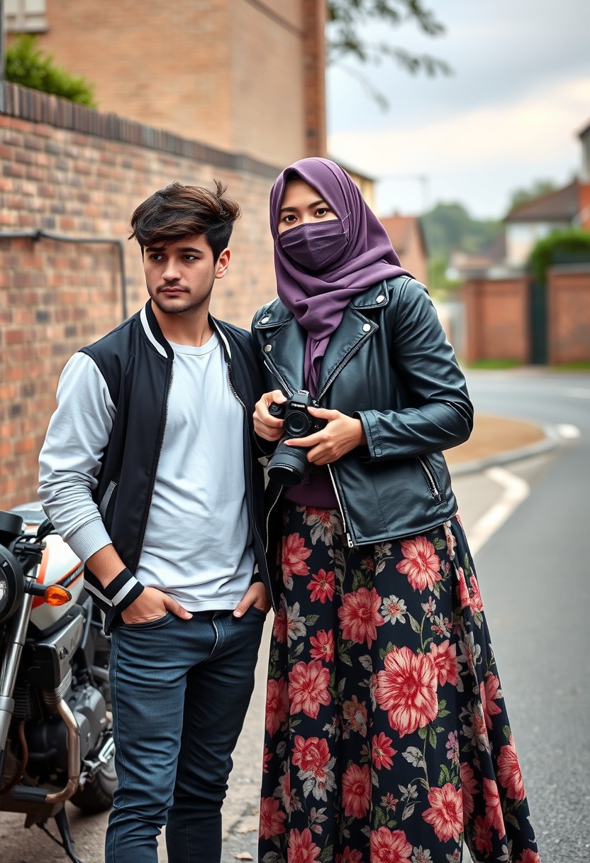 Jamie Dornan and Freddie Prinze, head and body shot, handsome, young, serious face, dark brown hair, white t-shirt, collage jacket, skinny jeans, sneakers, standing and talking to each other with a tall Muslim girl wearing a big purple hijab, beautiful eyes, face mask, black leather jacket, large floral skirt, holding a Canon DSLR camera, near a town road, superbike, hyper-realistic, street photography, brick wall, full body photo.