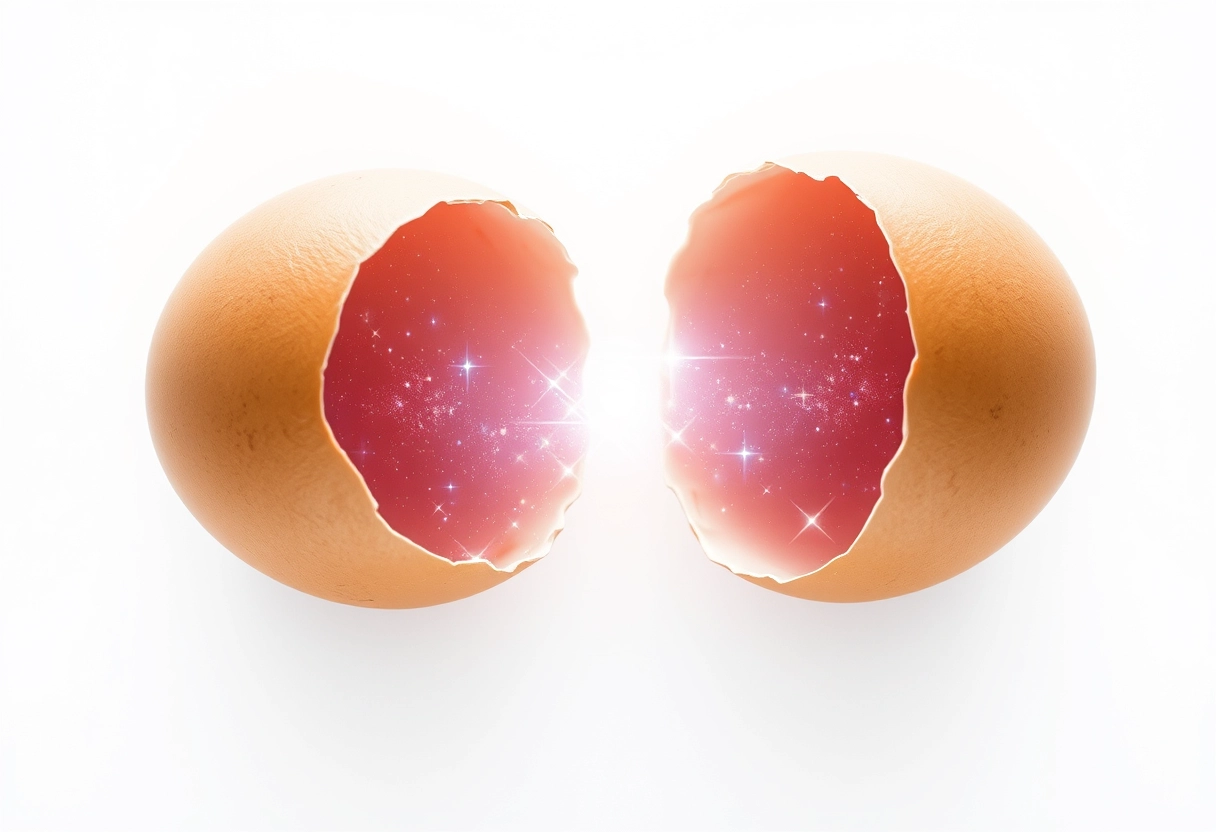 A broken egg split in two on an infinite pure white surface, with shining galaxies and stars flowing out from between the two halves of the eggshell.