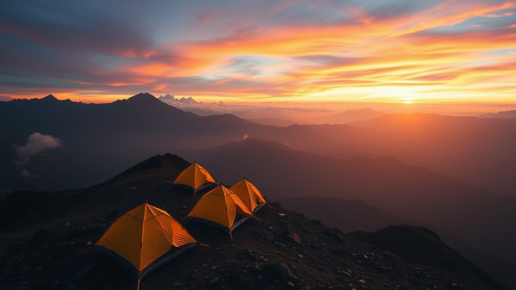 Tents on a mountain in the middle of, Rudy Siswanto, art photography, Flickr contest winner, tents, vibrant sunrise, at sunrise, trending on 500px, trending on 500px, during dawn.