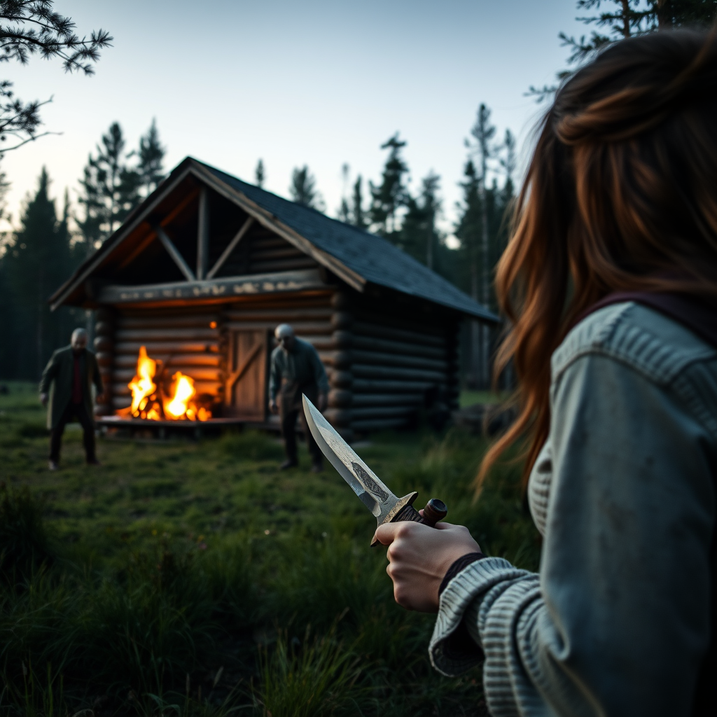 Real-life photography, wide shot: In the evening, in the forest, there is a wooden cabin, and not far away, a female barbarian is holding a dagger, looking at two zombies in the distance. The zombies are dressed. The cabin is on fire.