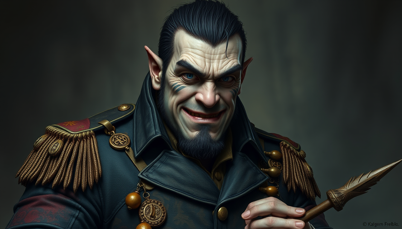 Middle-aged half-orc wearing a patchwork military uniform jacket with cut sleeves and many charms and baubles worked into the fabric, with an upturned collar. Full sleeve rune tattoos, thin fangs show through his lower jaw with a bemused smile. Blue-grey intelligent eyes. One hand is replaced by a short jagged javelin, subtly shaped like a lightning bolt. 19th-century style. - Image