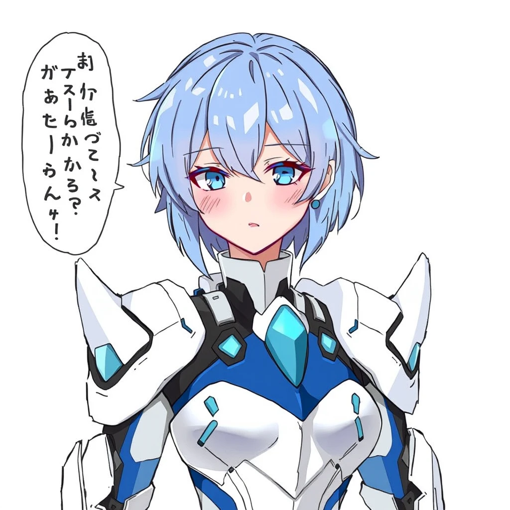 This is an illustration of a character that appears to be a blend of human and robotic features. The character has a humanoid form with a feminine appearance, including blue hair and blue eyes. The character's body is adorned with what seems to be armor or a suit with a predominantly white and blue color scheme, which could suggest a futuristic or cybernetic theme. The design is detailed and suggests a high level of craftsmanship, with a focus on the character's face and the intricate details of the armor.