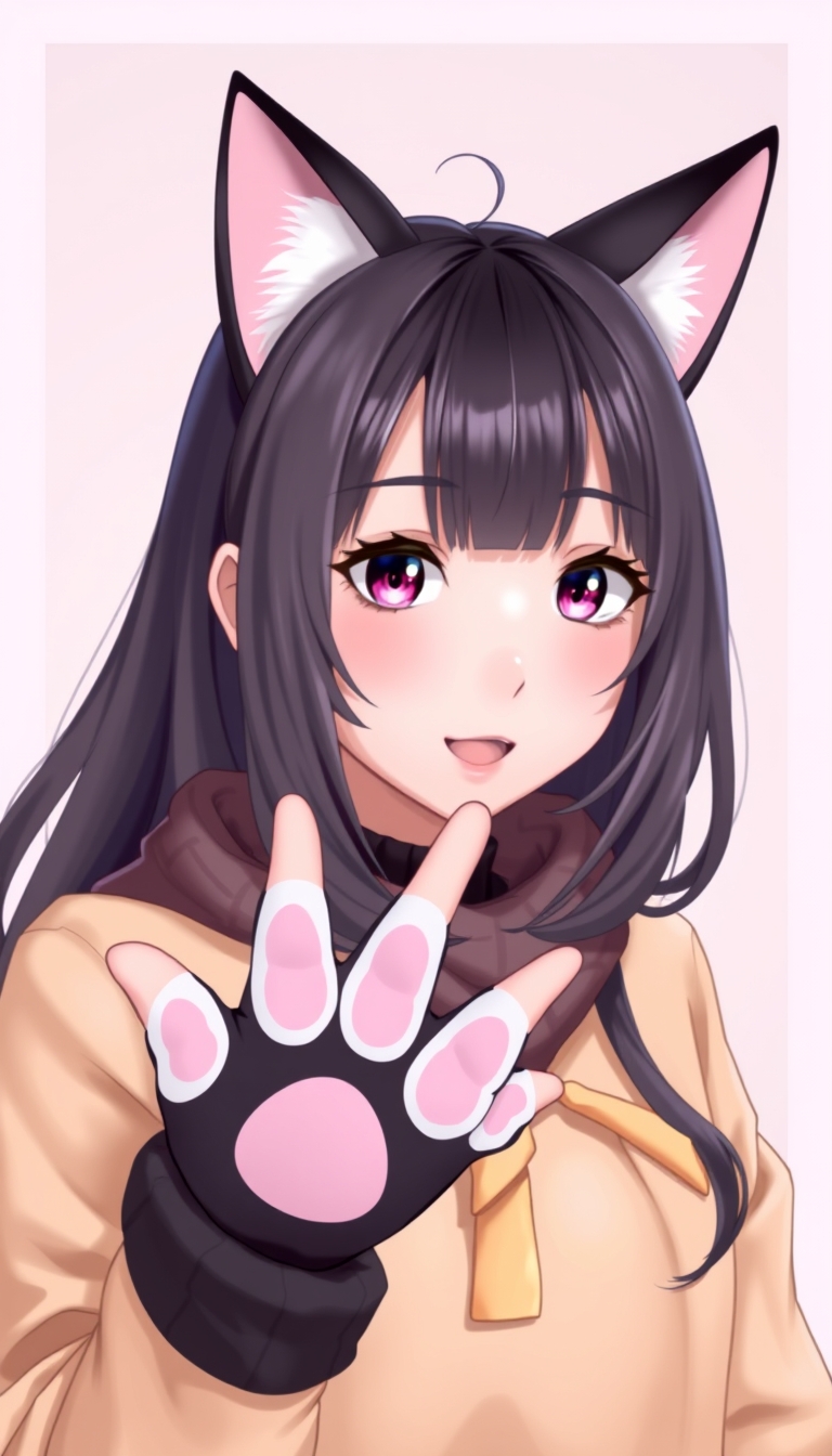 A cute girl wearing cat ears and paw gloves, striking a nyan nyan pose.