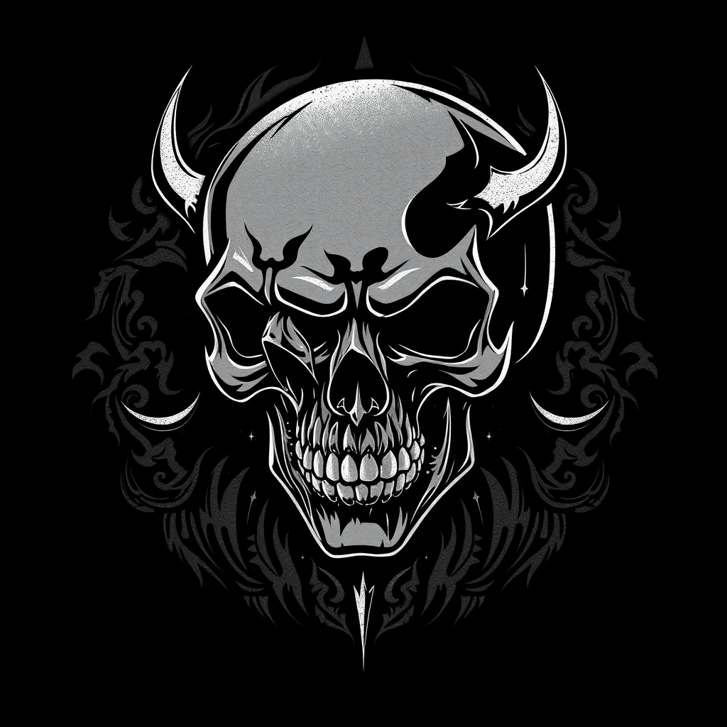 SKULL HEAVY METAL STENCIL, TSHIRT DESIGN ARTRick Griffin design art, BLACK background