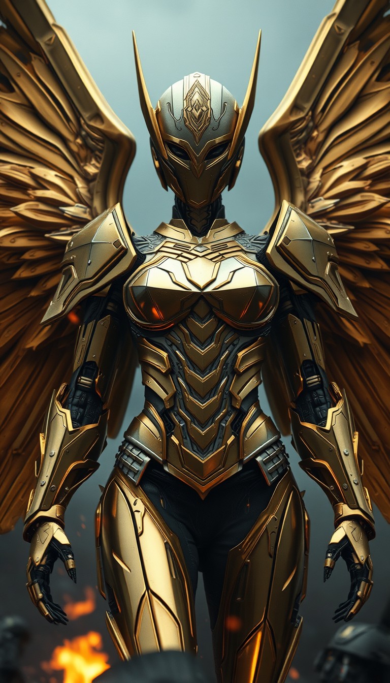 Cinematic shot of a cyborg female battle angel rising from ashes, golden regal Valkyrie armor, full smooth helmet, futuristic, standing on a battlefield, movie scene, film grain, realistic, shot from below, dark lighting. - Image