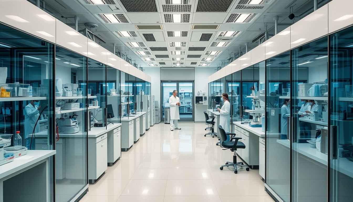 A high-tech laboratory with glass walls and advanced equipment, scientists at work.