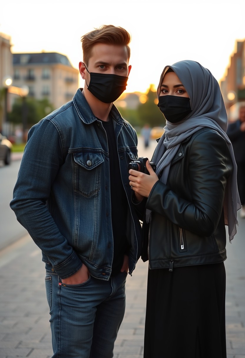 Jamie Dornan's head and body shot, handsome, black face mask, denim jacket, jeans, dating, love couple, with the biggest grey hijab Muslim girl, black face mask, beautiful eyes, black leather jacket, biggest skirt, taking picture, DSLR Canon camera, sunset, hyper-realistic, street photography.