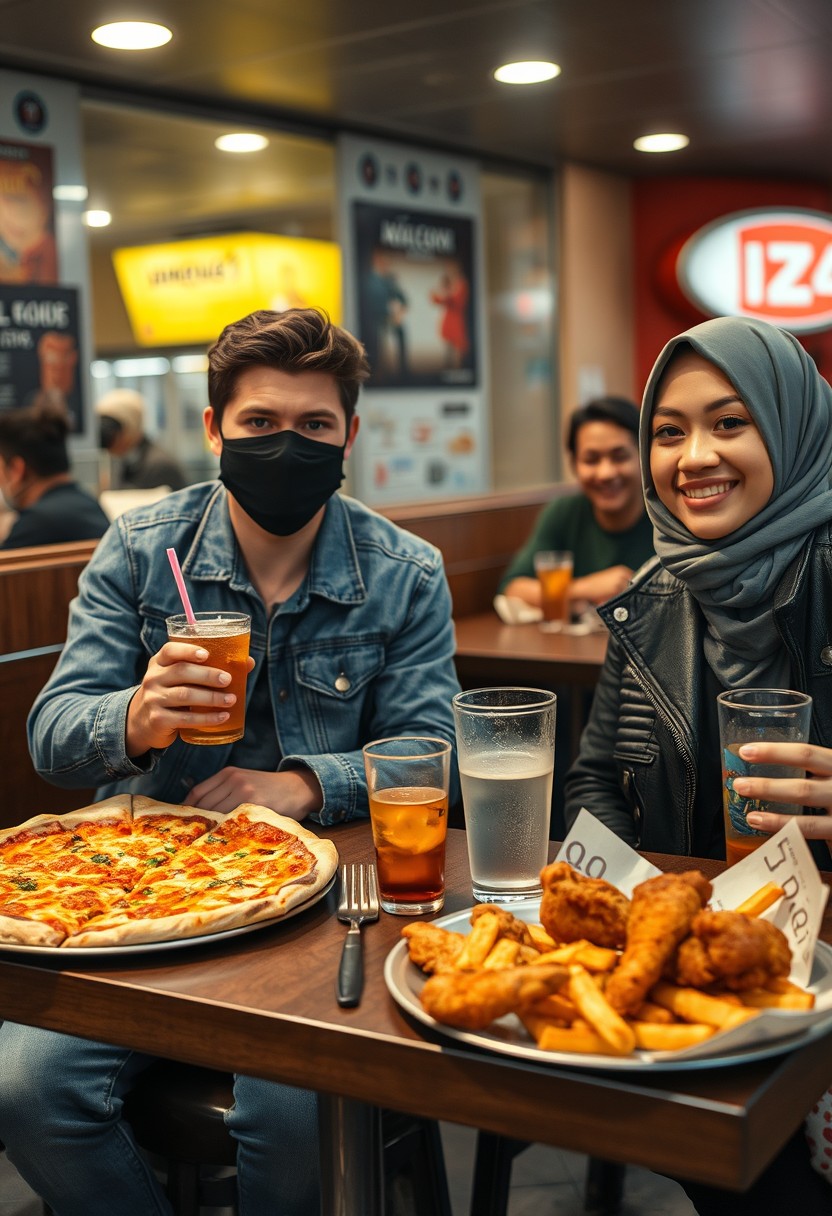 Jamie Dornan's head and body shot, handsome, young, black face mask, blue jeans jacket, jeans, dating a Muslim girl in a grey hijab with beautiful eyes, black face mask, black leather jacket, wearing the biggest floral skirt, at a hot pizza fast food restaurant, with a plate of cheese pizza slices, a plate of Korean fried chicken and fries, a glass of soft drink, eating with three other random smiling friends in the back, photorealistic, hyper realistic, street photography. - Image