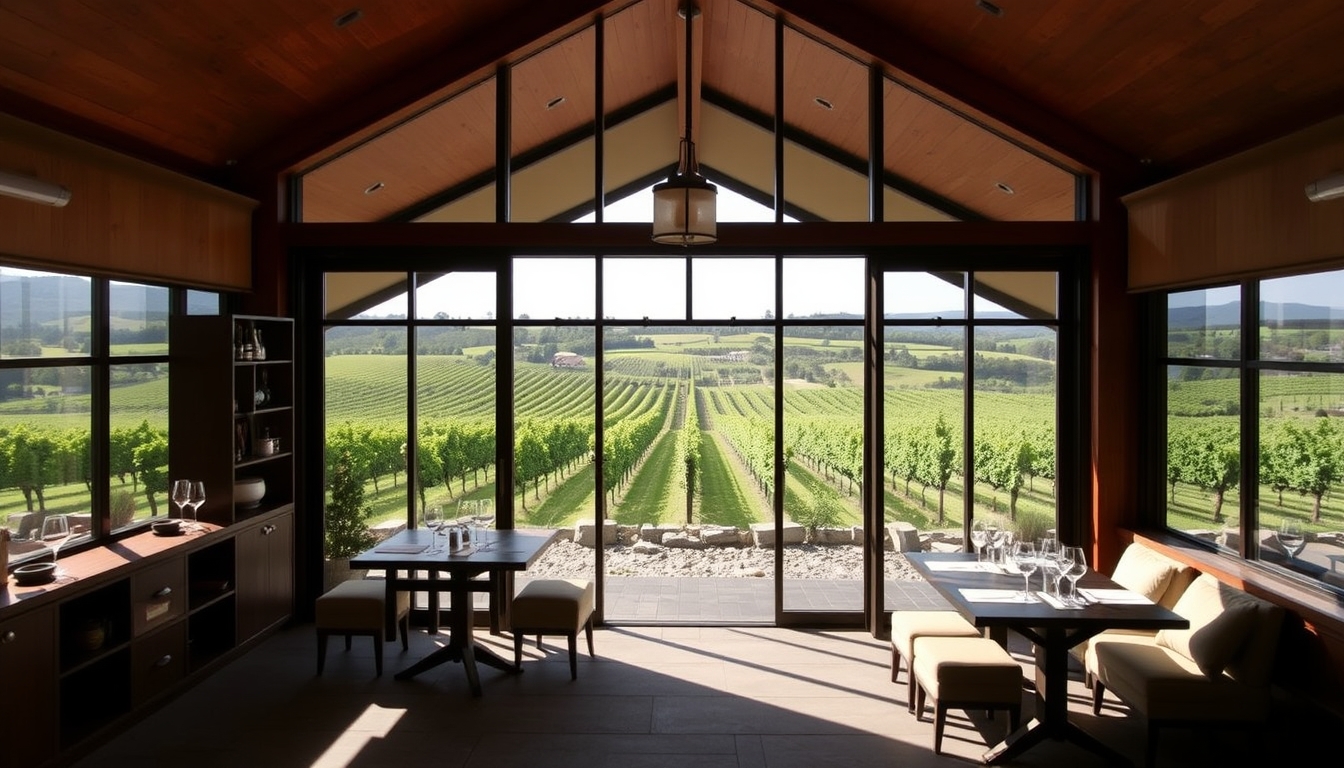 A picturesque vineyard with a glass-walled tasting room overlooking the grapevines.