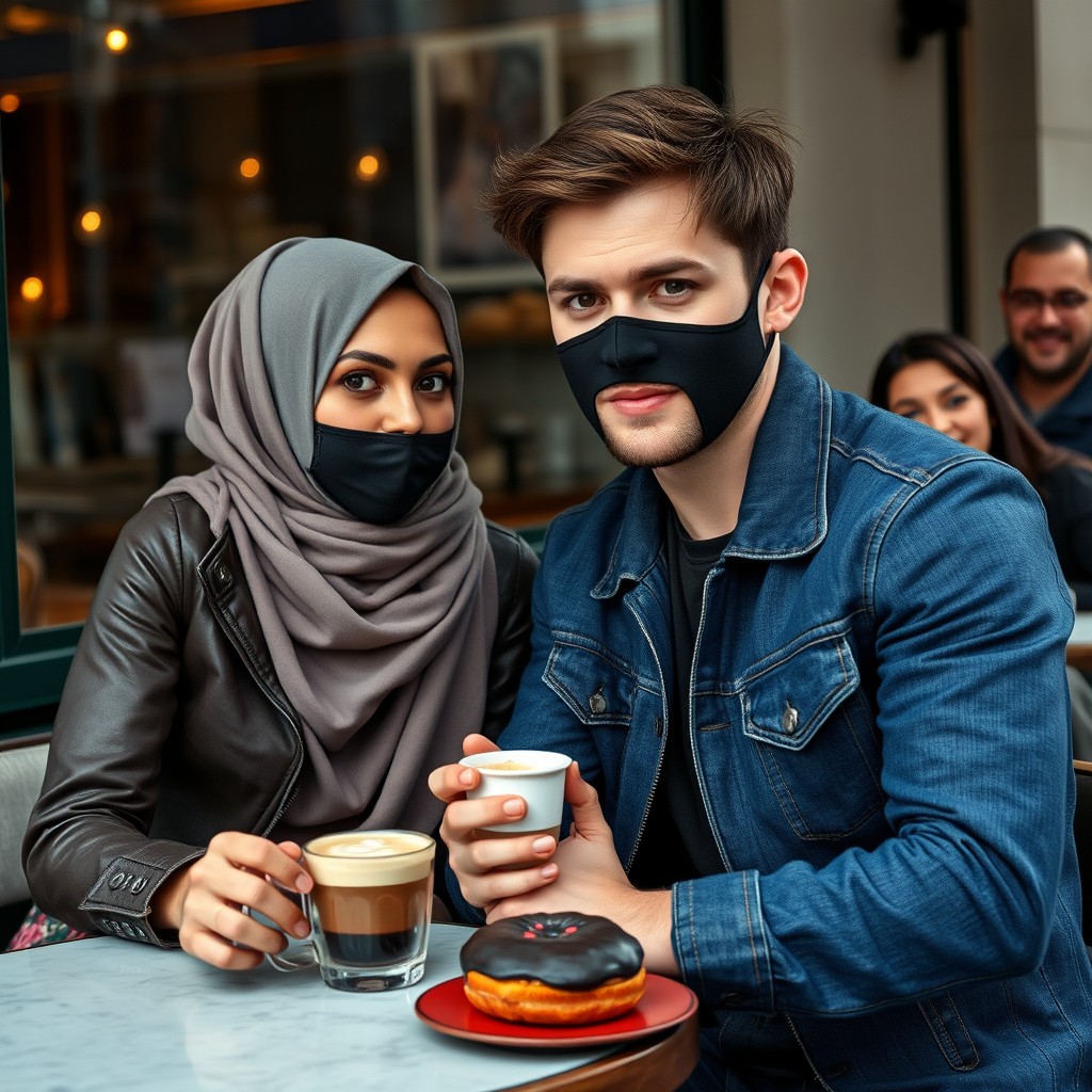 Jamie Dornan's head and body shot, handsome, black face mask, blue jean jacket, jeans, dating a Muslim girl in a grey hijab, beautiful eyes, black face mask, black leather jacket, biggest floral skirt, at a café, 2 cups of latte, muffin cake, chocolate donut on a table, with another 3 friends smiling in the back, photorealistic, hyper-realistic, street photography, selfie.