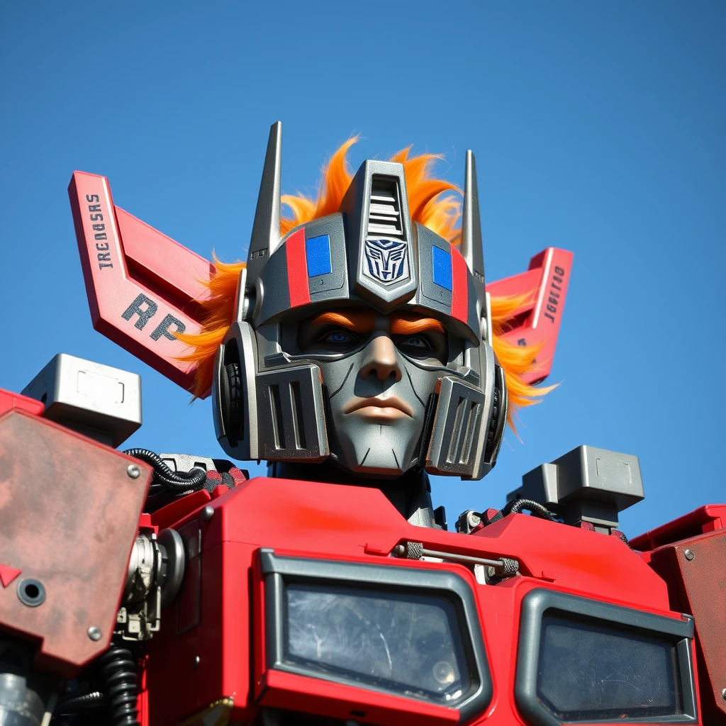 Optimus Prime with a human head, everything is robotic but there is literally a human head with a goofy and stupid looking human face with orange hair that he's wearing.