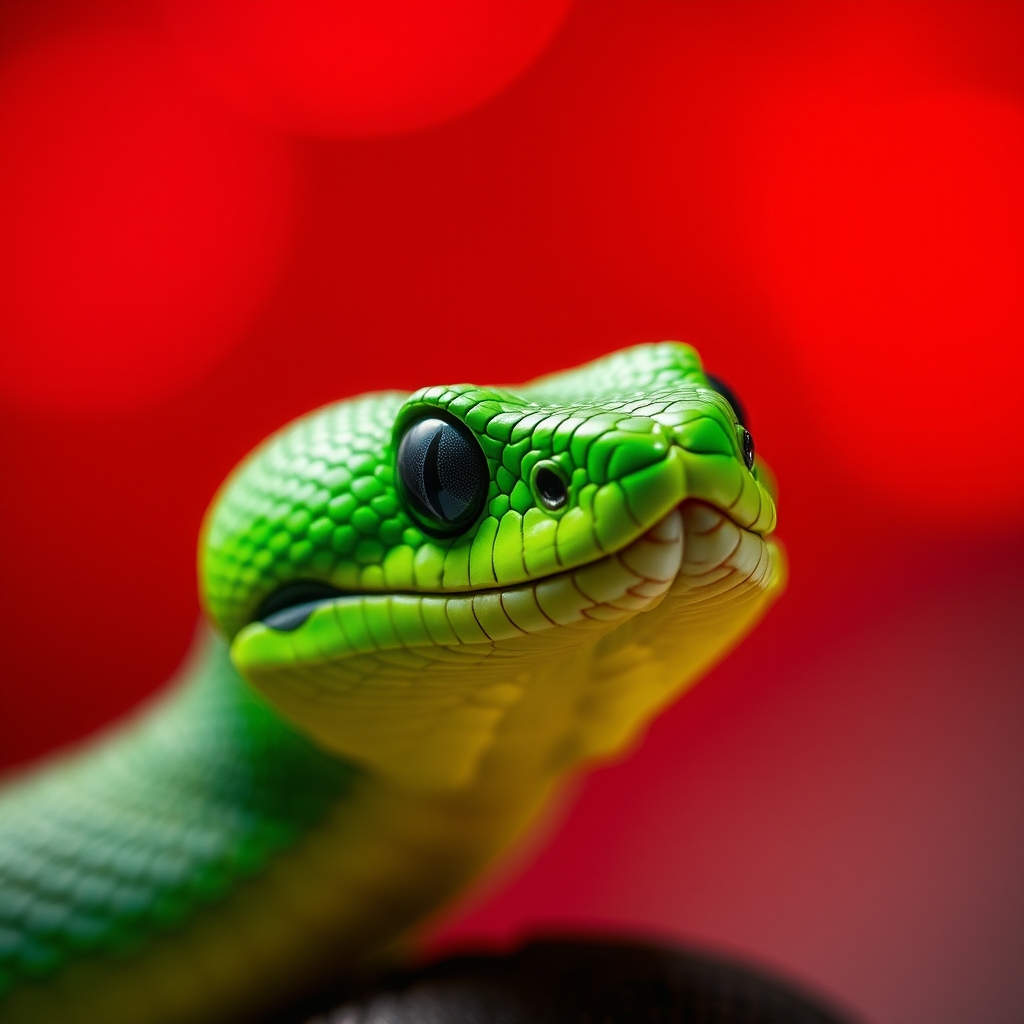 CloseUp of Vibrant Green Viper in Red Bokeh Background Highlighting Scales and Eyes - Image