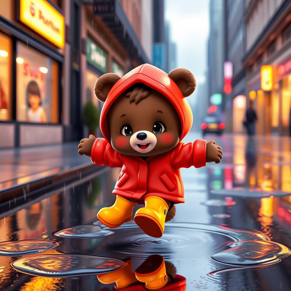 Cute cartoon bear cub, dressed in a bright red neon oversized raincoat with a hood and bright rubber boots, jumping in the rain on the puddles on the city street. The picture conveys carefree childhood. Cartoon style 3D.