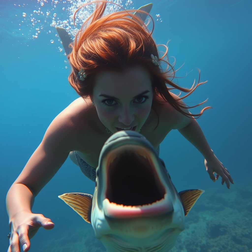 A beautiful woman is diving deep into the sea but is trying to escape from a large fish in fear; the woman is scared.