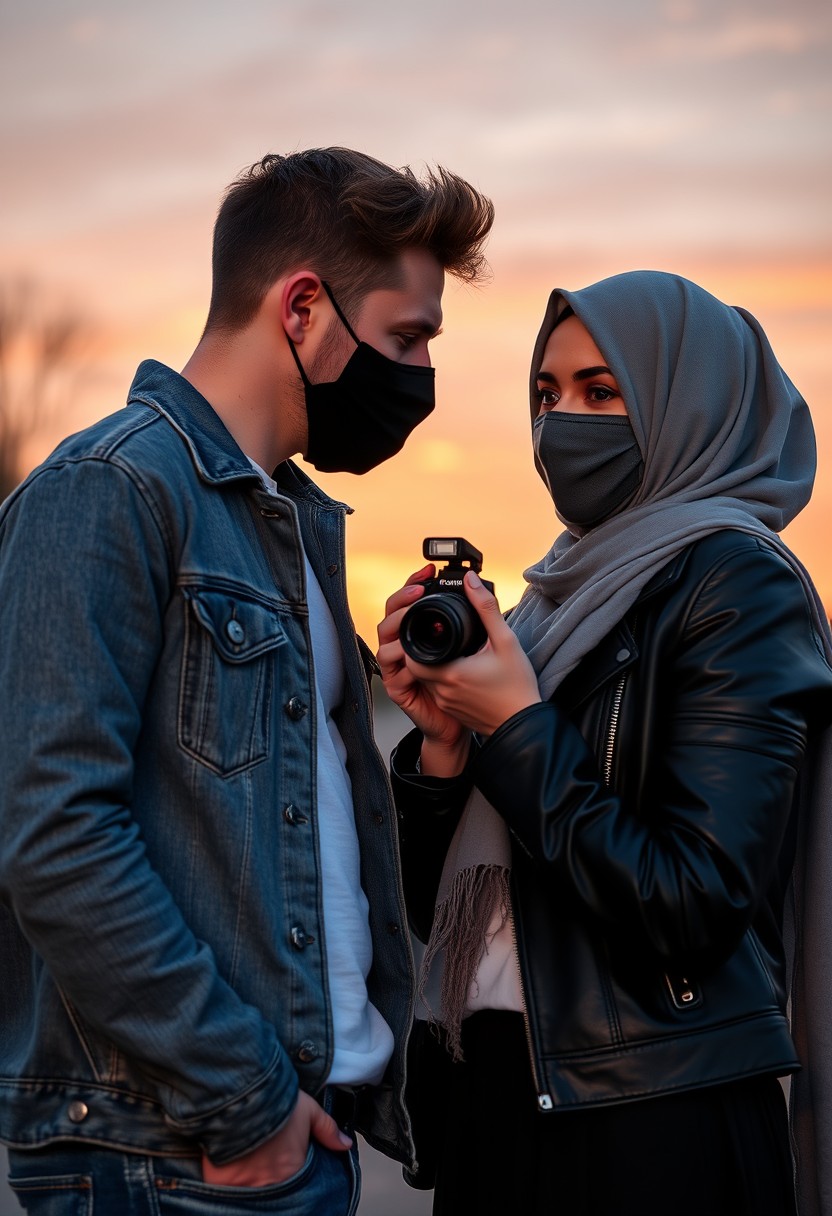 Jamie Dornan's head and body shot, handsome, black face mask, denim jacket, jeans, dating, love couple, with the tallest Muslim girl in a grey hijab, black face mask, beautiful eyes, black leather jacket, longest skirt, taking a picture, DSLR Canon camera, sunset, hyper-realistic, street photography. - Image