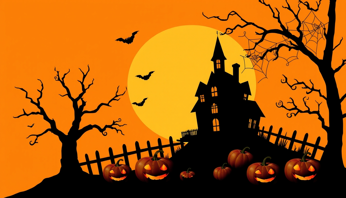 Halloween background with black silhouette of haunted house, spider web and pumpkins on orange background.