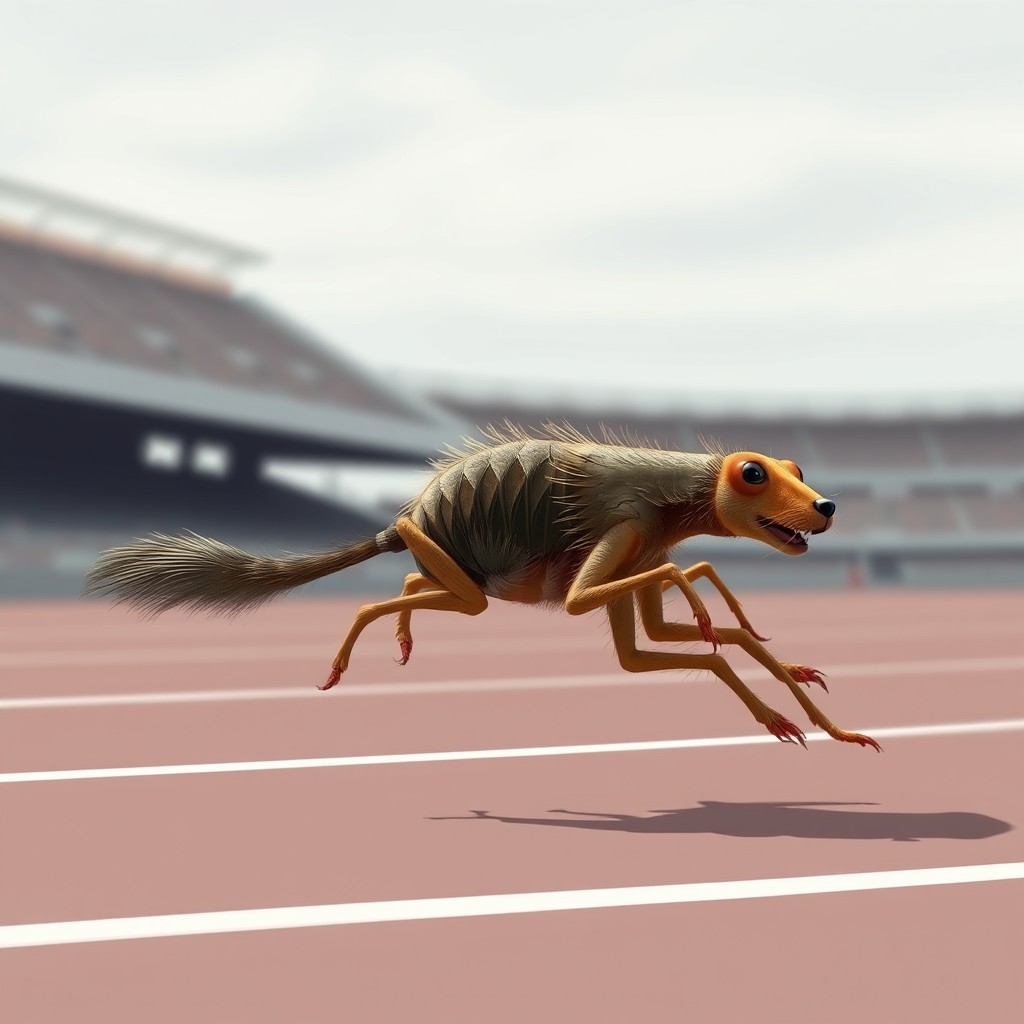 "The dog flea hops on a racetrack."