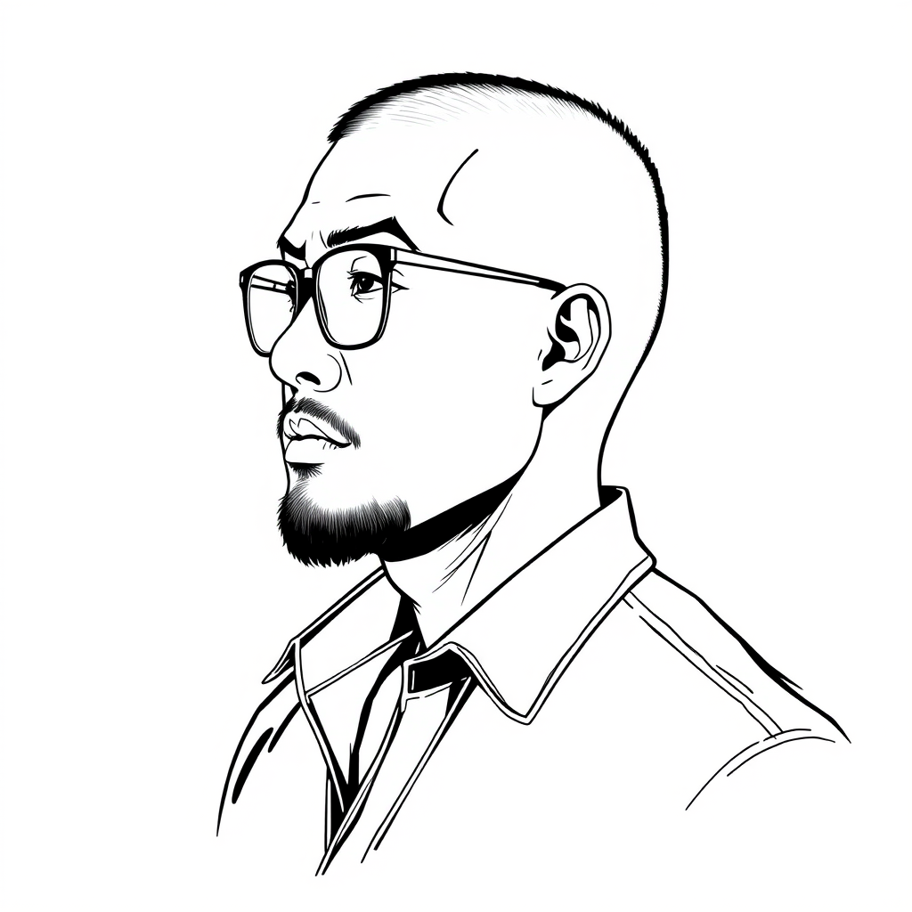 "Create a cool line drawing of a 35-year-old man’s headshot, with a buzz cut, in profile, and a robust physique. He is Asian, wearing framed glasses, has a slight beard on his chin, and is dressed in a shirt, with a slightly edgy demeanor, appearing to be in deep thought." - Image