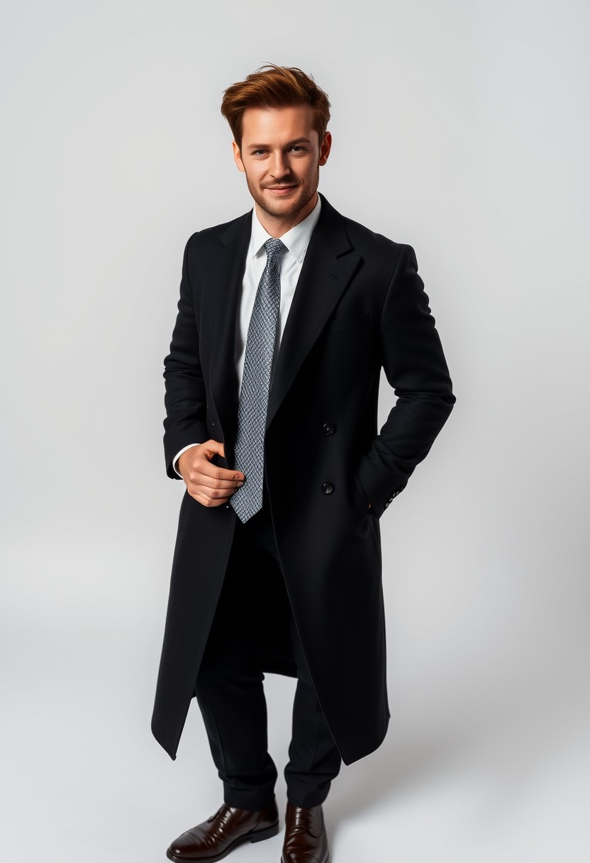 Jamie Dornan's head and body shot, handsome, young, shy smile, white shirt half buttoned, grey patterned tie, black coat suit, leather shoes, leather bag, hyper-realistic, studio photography, full body photography.