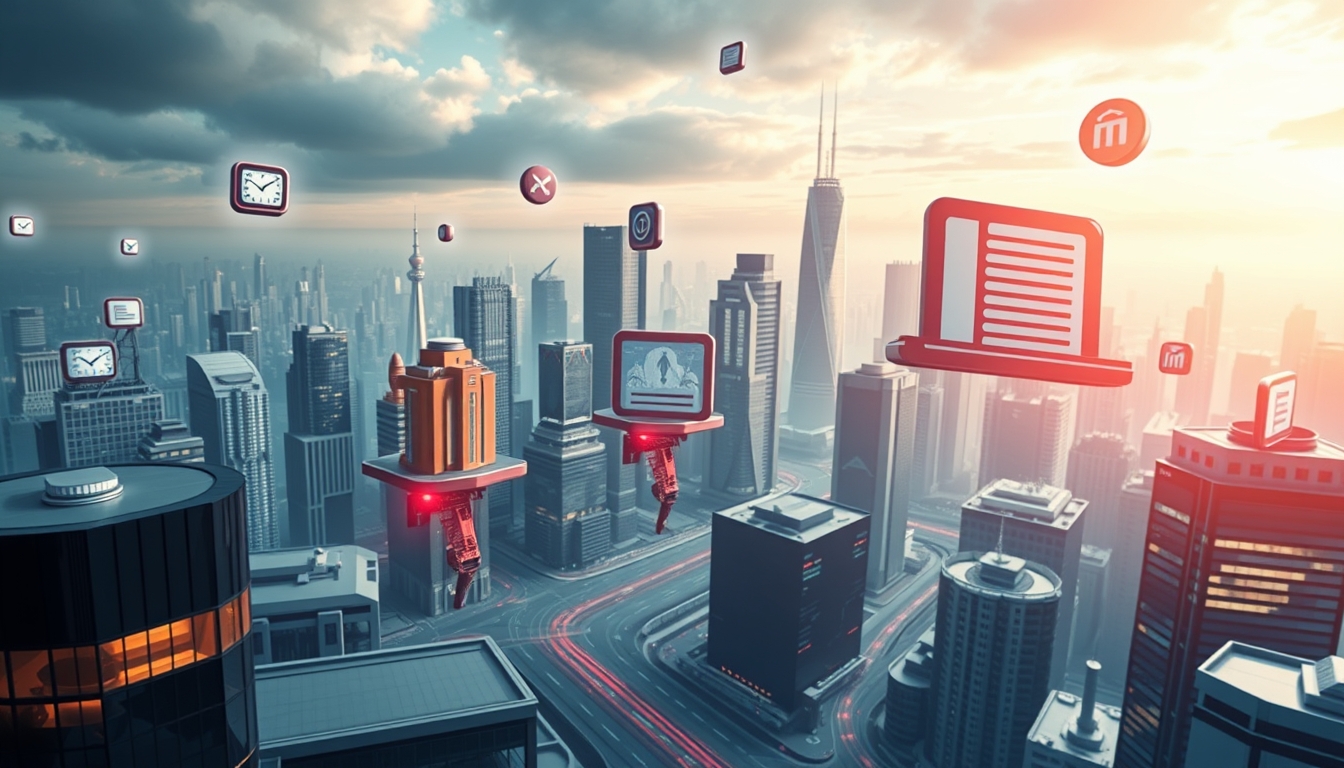 Futuristic Abstract Cityscape with Dynamic 3D Hovering Business Icons in High Contrast