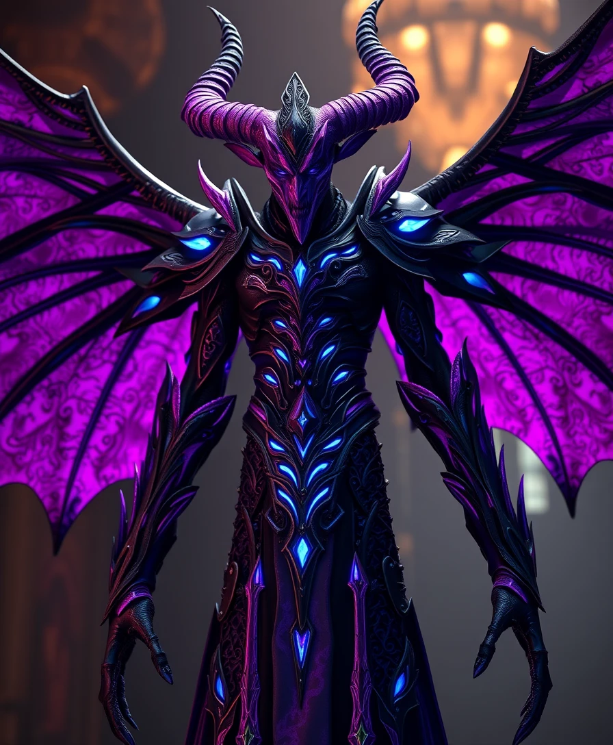 a photo of 8k ultra realistic scary demon with 6 wings, full body, intricate purple and blue neon armor, ornate, cinematic lighting, trending on artstation, 4k, hyperrealistic, focused, high details, unreal engine 5, cinematic --ar 9:16