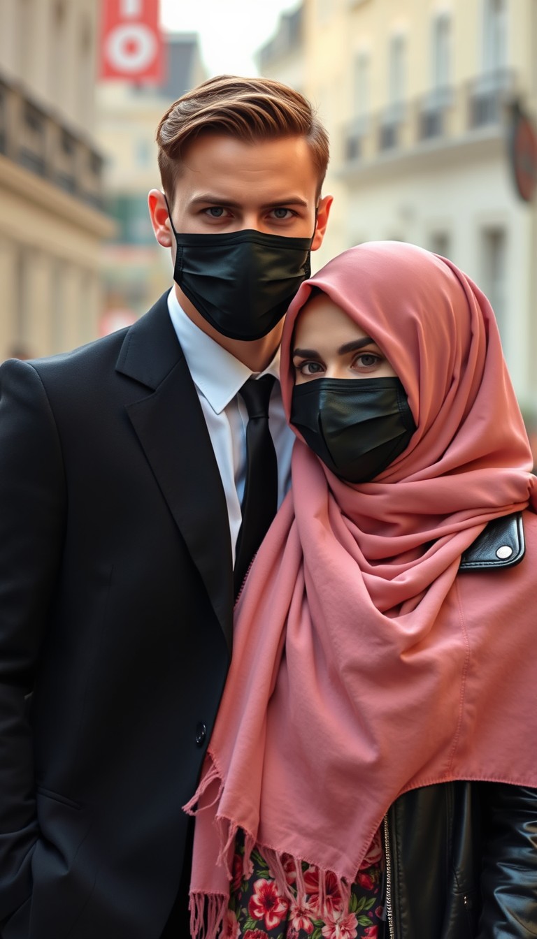 Jamie Dornan's head and body shot, handsome, young, face mask black, white shirt half buttoned, tie, black coat suit, dating love with the biggest soft pink hijab girl, beautiful eyes, black leather jacket, face mask black, biggest floral skirt, hyper realistic, street photography. - Image