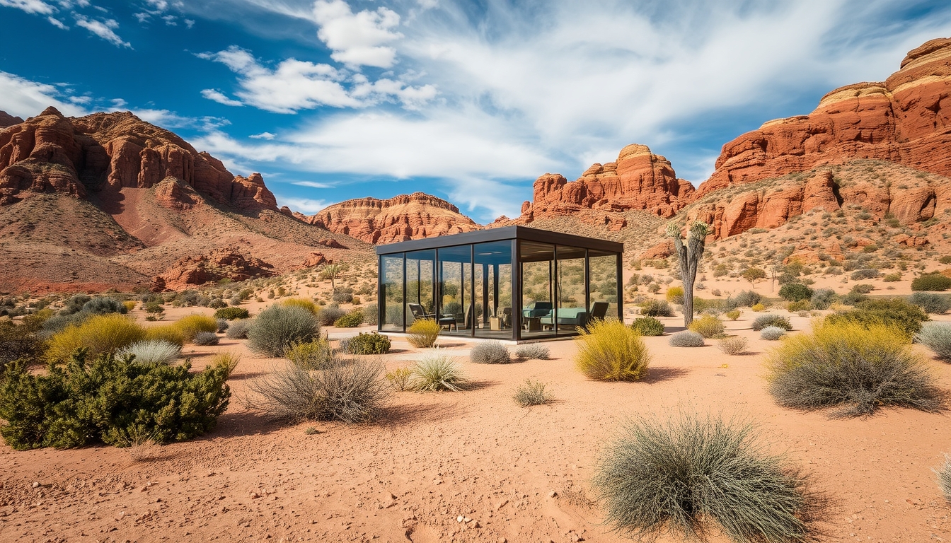 A dramatic desert landscape with a glass pavilion offering shade and shelter. - Image