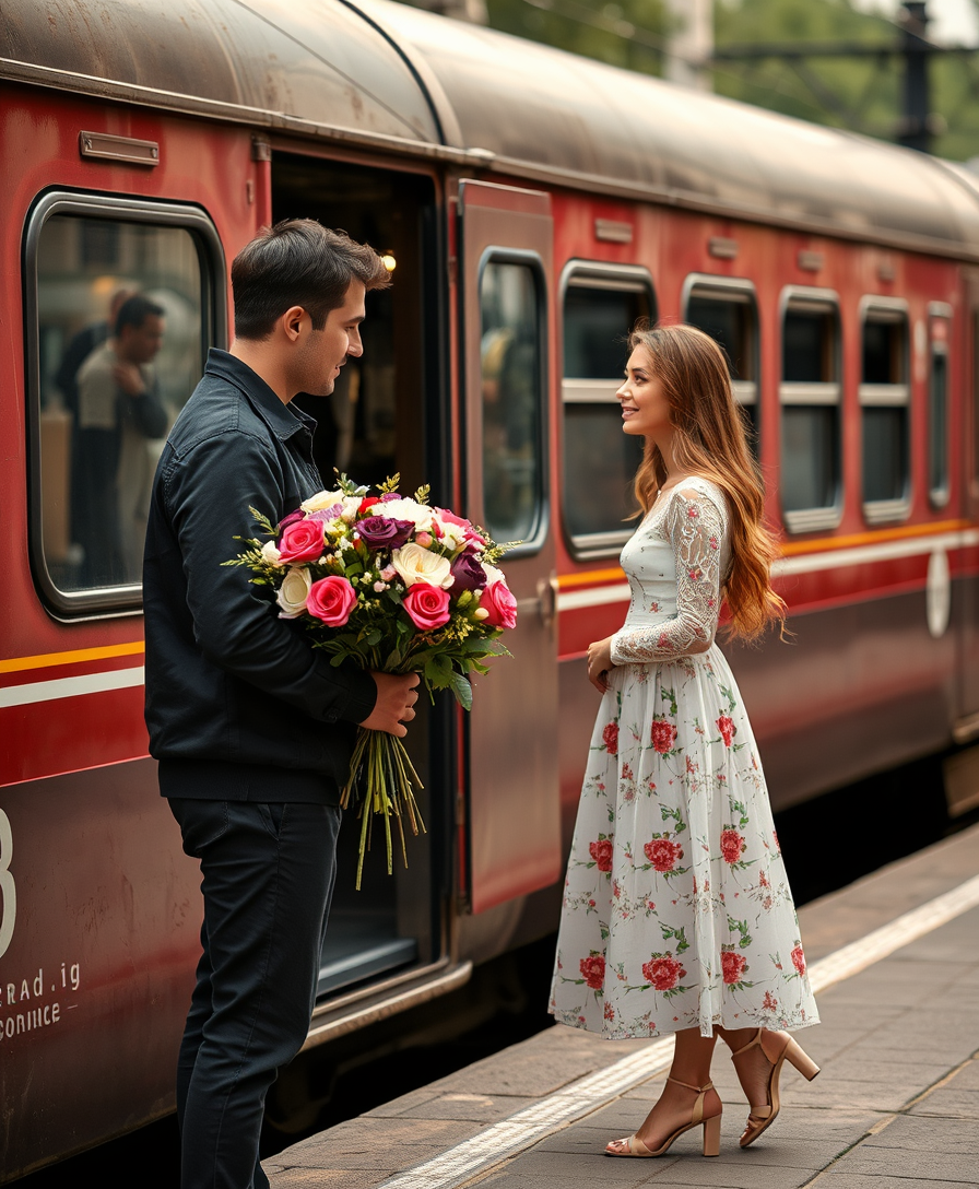 A romantic scene near the train. The guy is standing on the platform with a bouquet of flowers in his hands. A young beautiful girl gets out of the carriage and with tenderness.