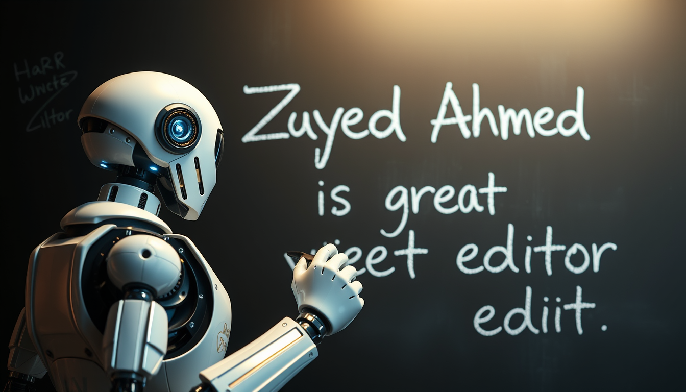 A futuristic robot writing on a blackboard in a signature style that says "Zunayed Ahmed is a great video editor" from a dynamic view, with cinematic lighting, HD, next-gen, and vibrant quality.