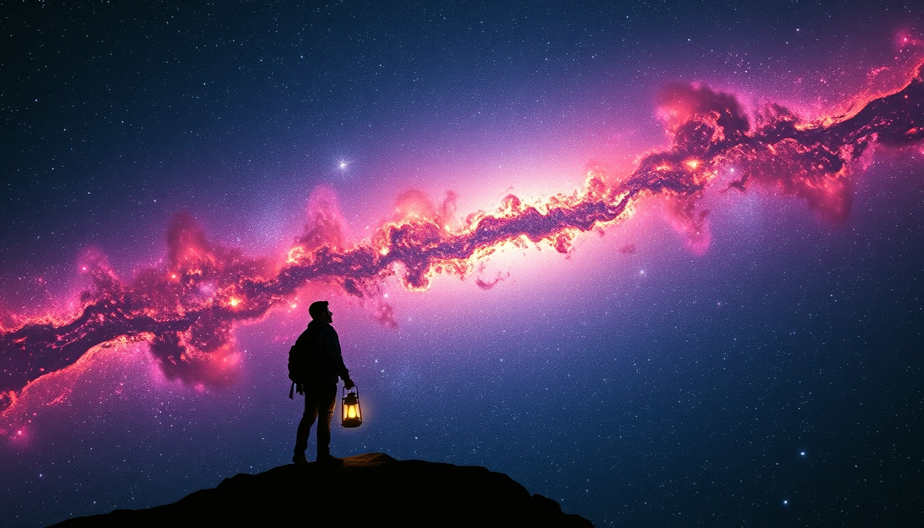 A lone traveler standing at the edge of a vibrant, glowing galaxy, holding a lantern that illuminates the stars, signifying the pursuit of knowledge in the vast unknown. - Image