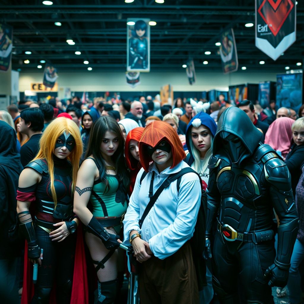 Comic Con group photo, lots of different cosplays, shot on Sony Alpha, dark moody aesthetic.