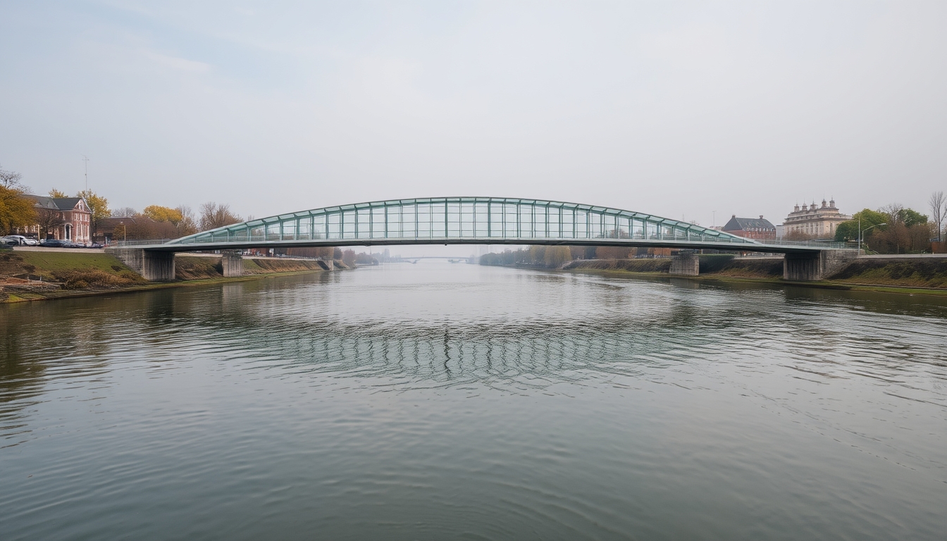 A serene river scene with a glass-bottomed bridge crossing over it.