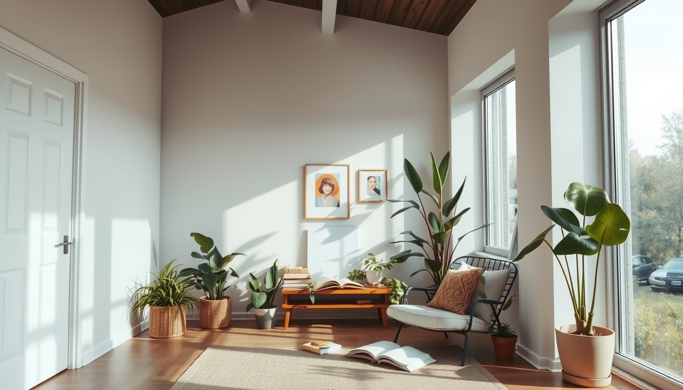 A serene interior space with natural light streaming in, featuring minimalistic decor, indoor plants, and a cozy reading nook. - Image