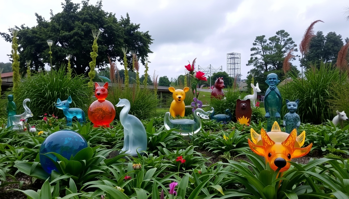 A serene garden with glass sculptures of various animals hidden among the plants.