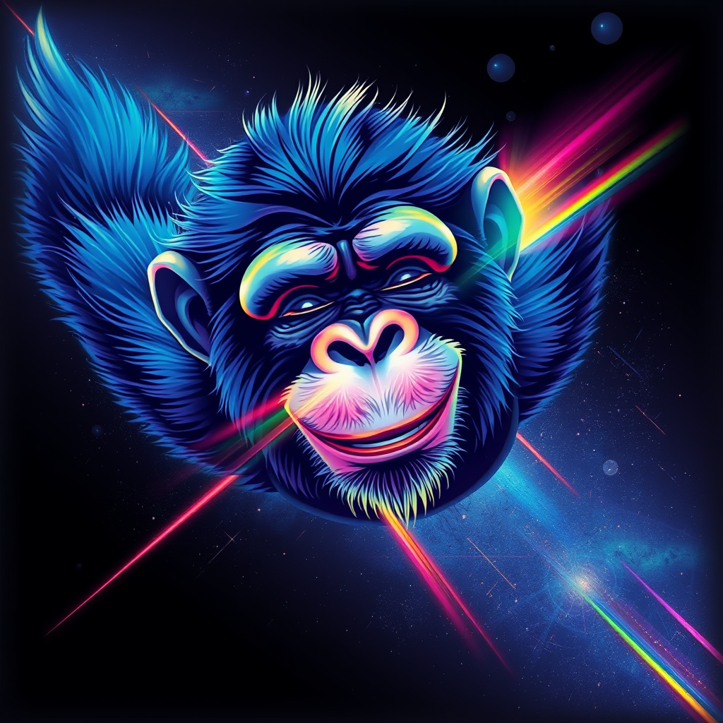 A peaceful smiling ape flying through a dreamy space world, with vibrant rainbow color flashes interspersed, while his eyes are closed with a serene expression. Tee shirt design. Striking and visually stunning. Glitchy edges fading to black around the entire image. Digital painting with subtle beautiful acid rainbow cubic glitch effect throughout.