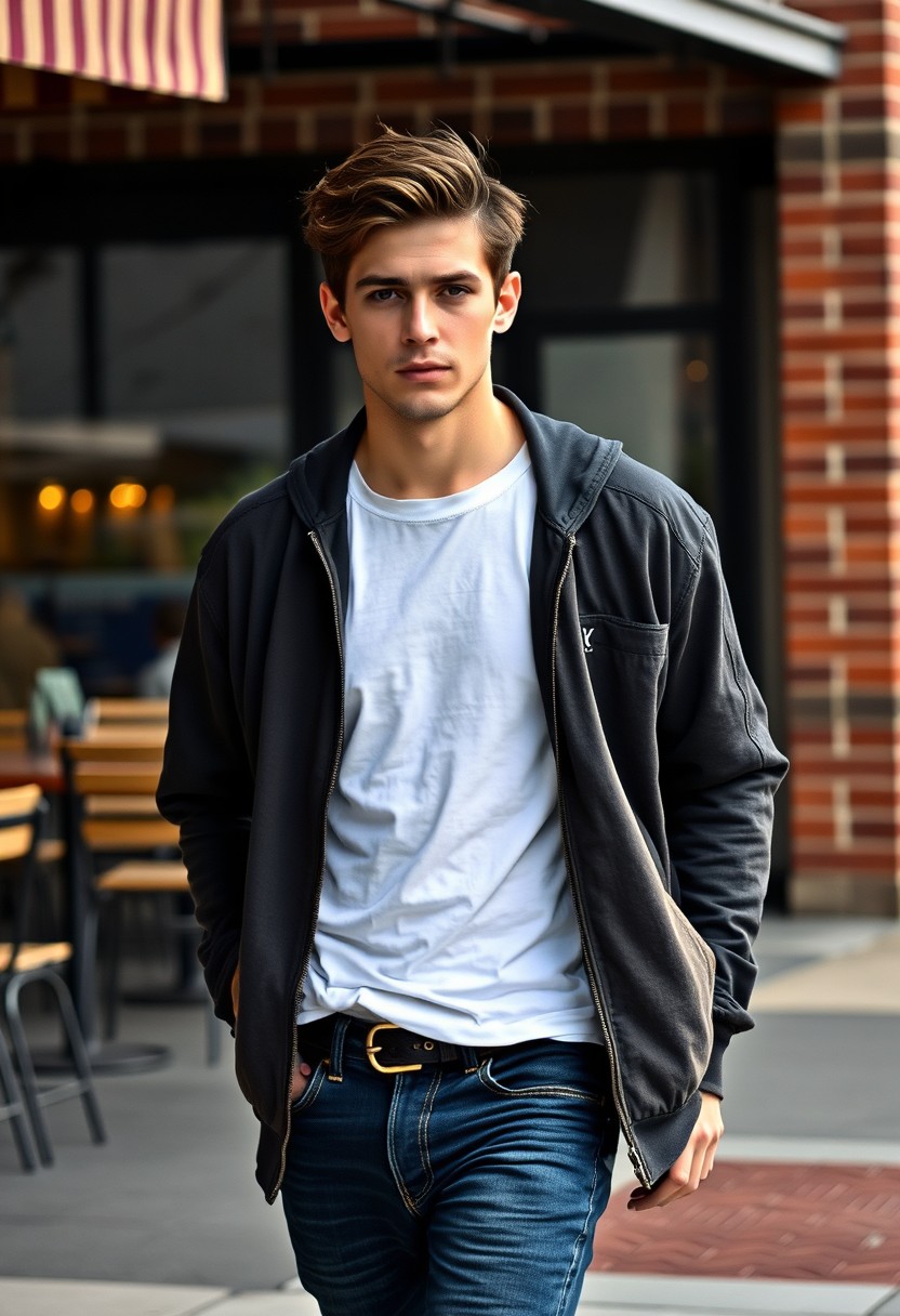 Freddie Prinze head and body shot, handsome young man, dark brown hair, serious face, white t-shirt, college jacket, skinny jeans, sneakers, walking with style, near a cafe, hyper-realistic, street photography, brick wall, full body photo, morning scenery. - Image